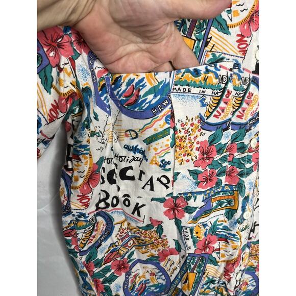 Camp Shirt Hawaii Vacay Scrap Book Travel Print Button Up Size M Vintage 1980s - Picture 6 of 10